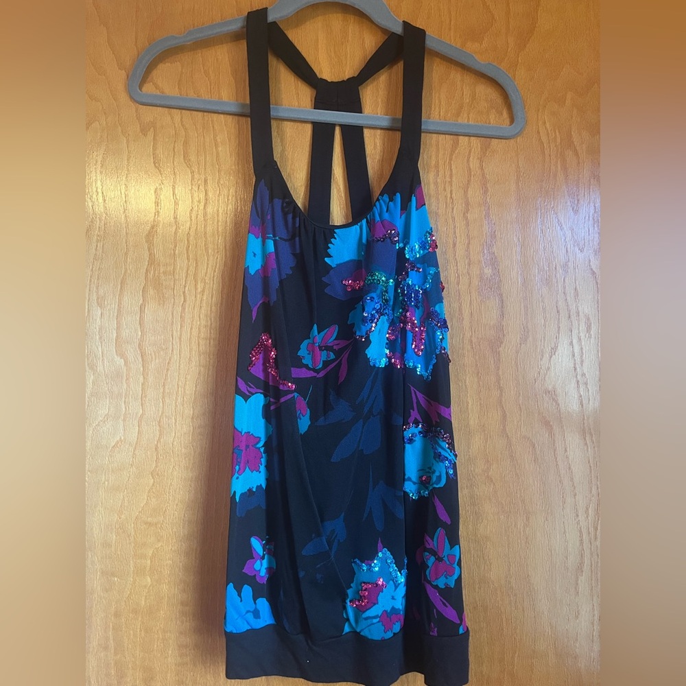 Express Floral Sequin Tank with Blue and Pink Accents